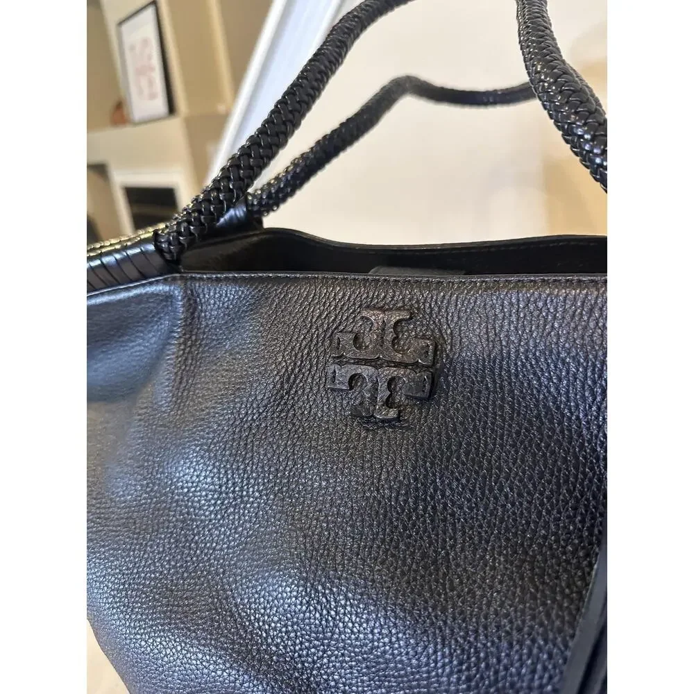 Tory Burch Tote Bag Womens Large Black Leather Shoulder Tassel Braided